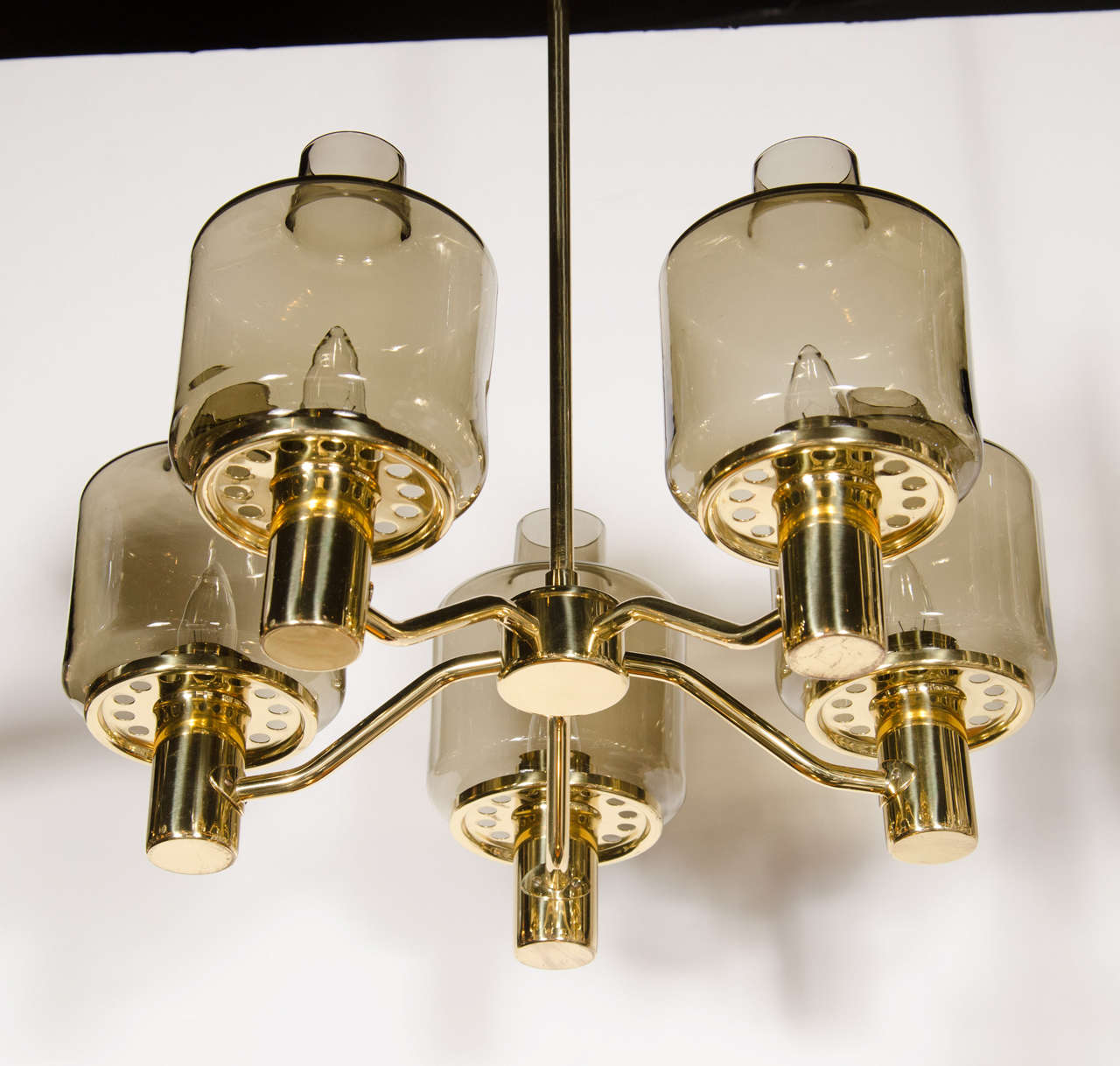 Swedish Midcentury Chandelier in Brass and Smoked Glass Globes by Hans-Agne Jakobsson