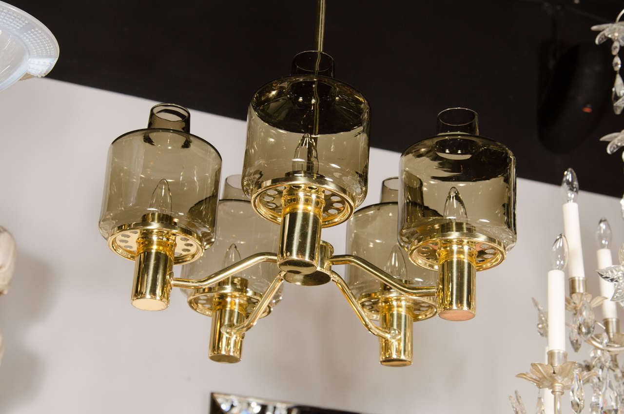 Midcentury Chandelier in Brass and Smoked Glass Globes by Hans-Agne Jakobsson In Excellent Condition In New York, NY