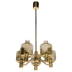 Midcentury Chandelier in Brass and Smoked Glass Globes by Hans-Agne Jakobsson