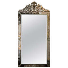 Beautiful 1940s Hollywood Venetian Mirror with Reverse Etching and Floral Design