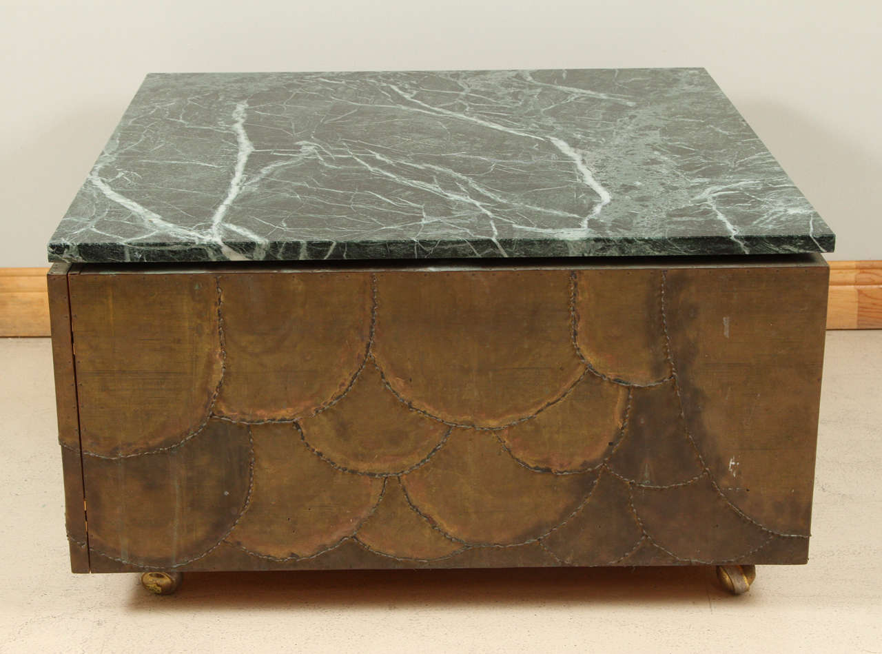 Brass Brutalist Fish Scale Cocktail Table with Green Marble Top