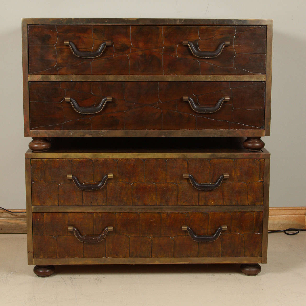 Pair of rare Sarried chests with scribed walnut veneer.