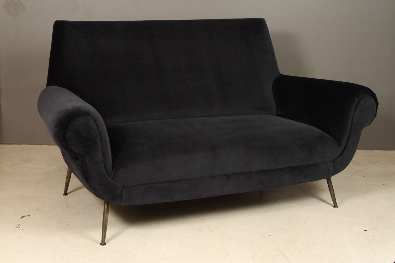 Mid-Century Modern Vintage Navy Blue Velvet Italian Settee