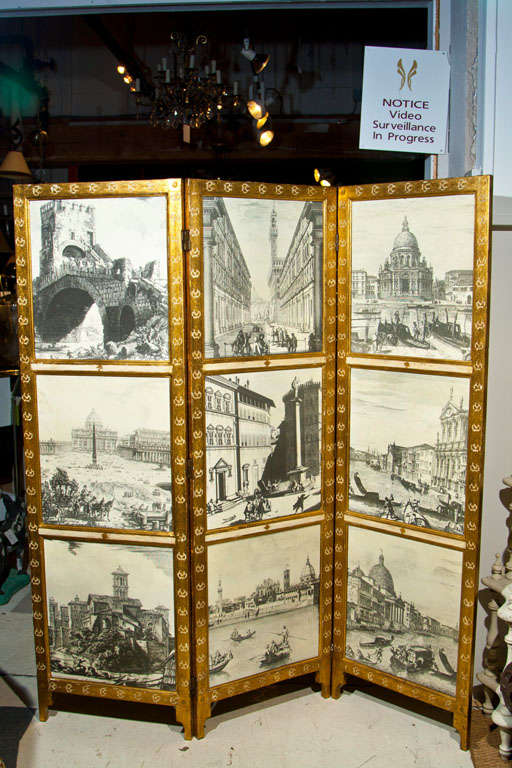 Decorative Screen in the Manner of Piero Fornasetti with Venetian Scenes- three panel