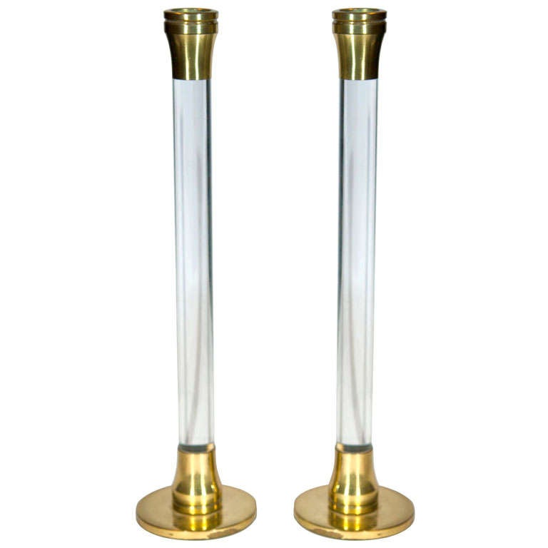 Pair of Modernist Lucite and Brass Candlesticks