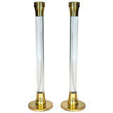 Pair of Modernist Lucite and Brass Candlesticks