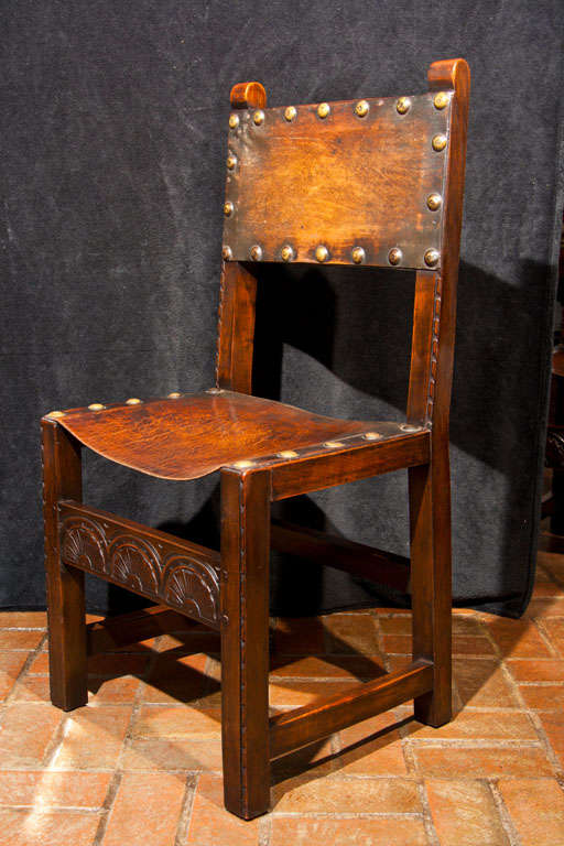 19th Century Set of 8 Leather Jacobean Revival Chairs For Sale