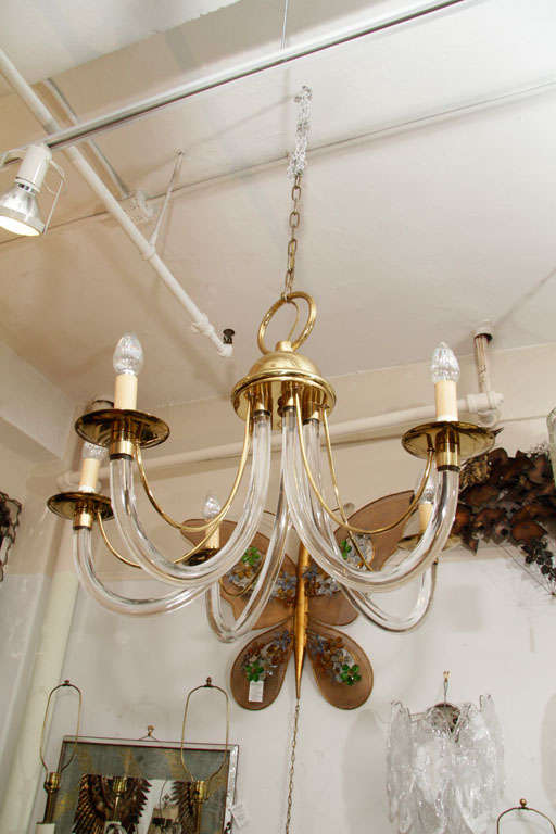American Charles Hollis Jones Style Lucite and Brass Chandelier For Sale