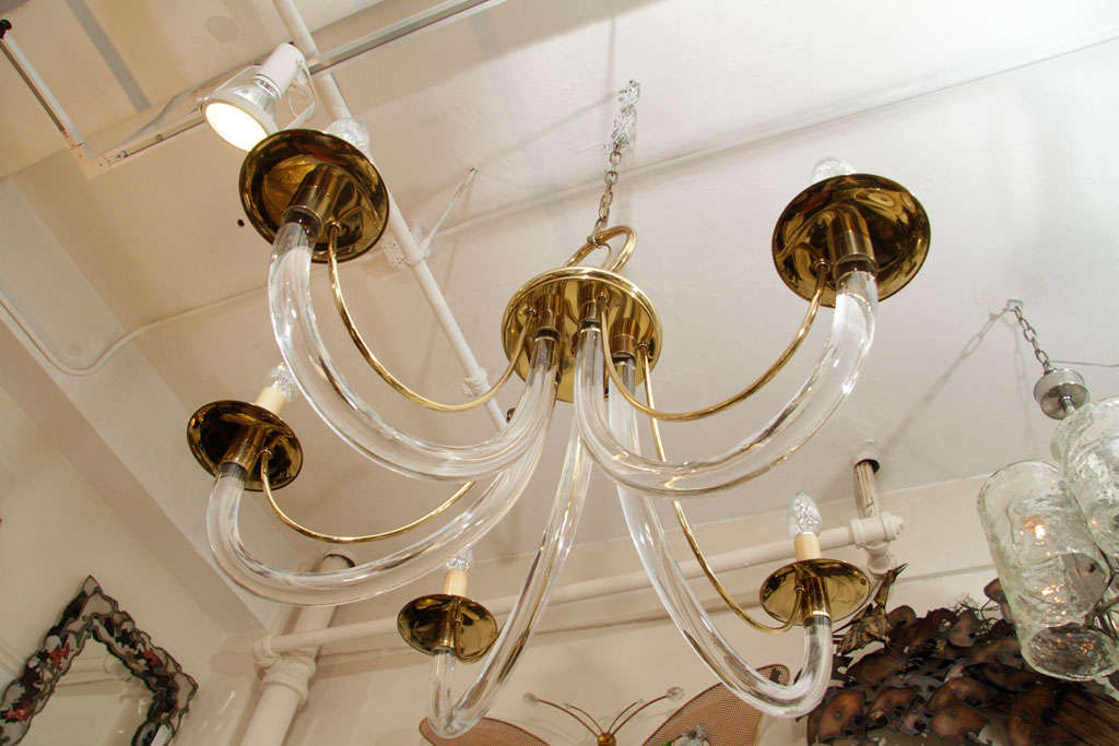 Charles Hollis Jones Style Lucite and Brass Chandelier In Excellent Condition For Sale In Mount Penn, PA