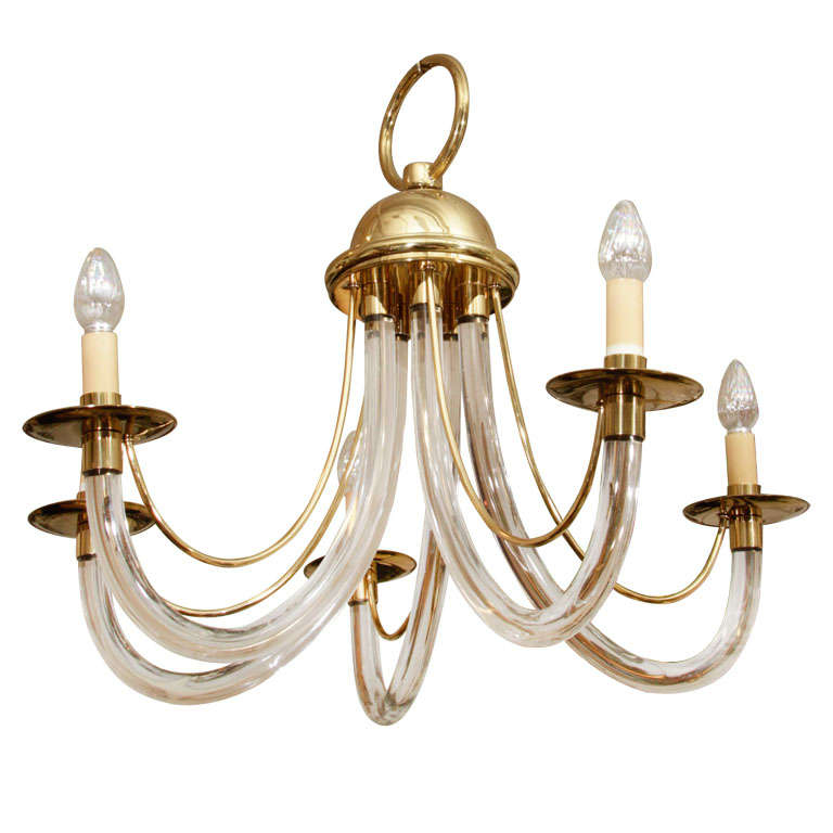 Charles Hollis Jones Style Lucite and Brass Chandelier For Sale