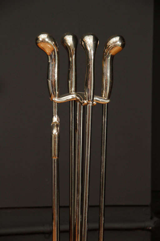 American Mid Century Nickeled Bronze Andiron's and Fire Tool Set
