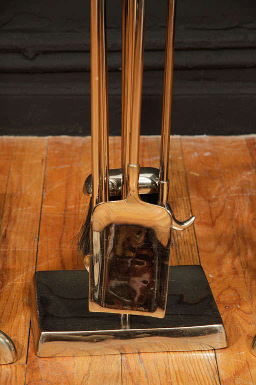 20th Century Mid Century Nickeled Bronze Andiron's and Fire Tool Set