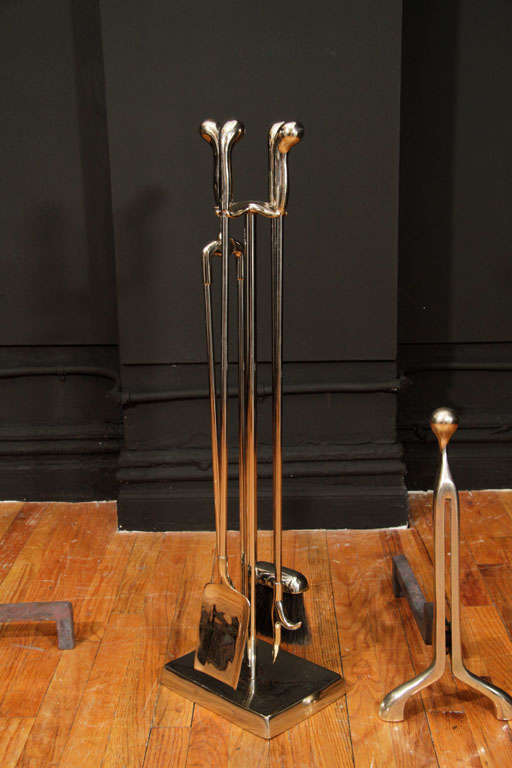 Mid Century Nickeled Bronze Andiron's and Fire Tool Set 1