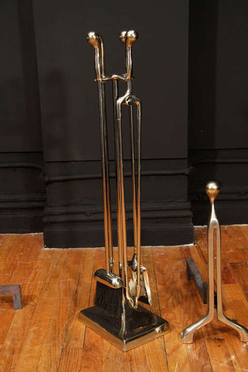 Mid Century Nickeled Bronze Andiron's and Fire Tool Set 3