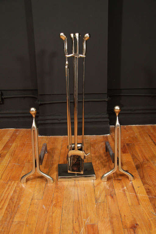 Mid Century Nickeled Bronze Andiron's and Fire Tool Set 6