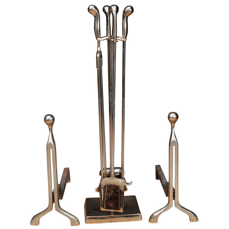 Mid Century Nickeled Bronze Andiron's and Fire Tool Set
