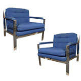 Pair of Chrome and Cobalt Blue Milo Baughman Lounge Chairs