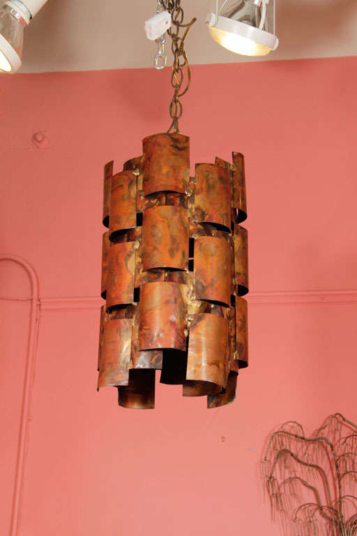 Pair of Mid Century Brutalist Pendant Lights in Patinated Metal
