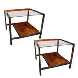 Pair of Mid Century Chrome, Glass & wood Tables by Milo Baughman