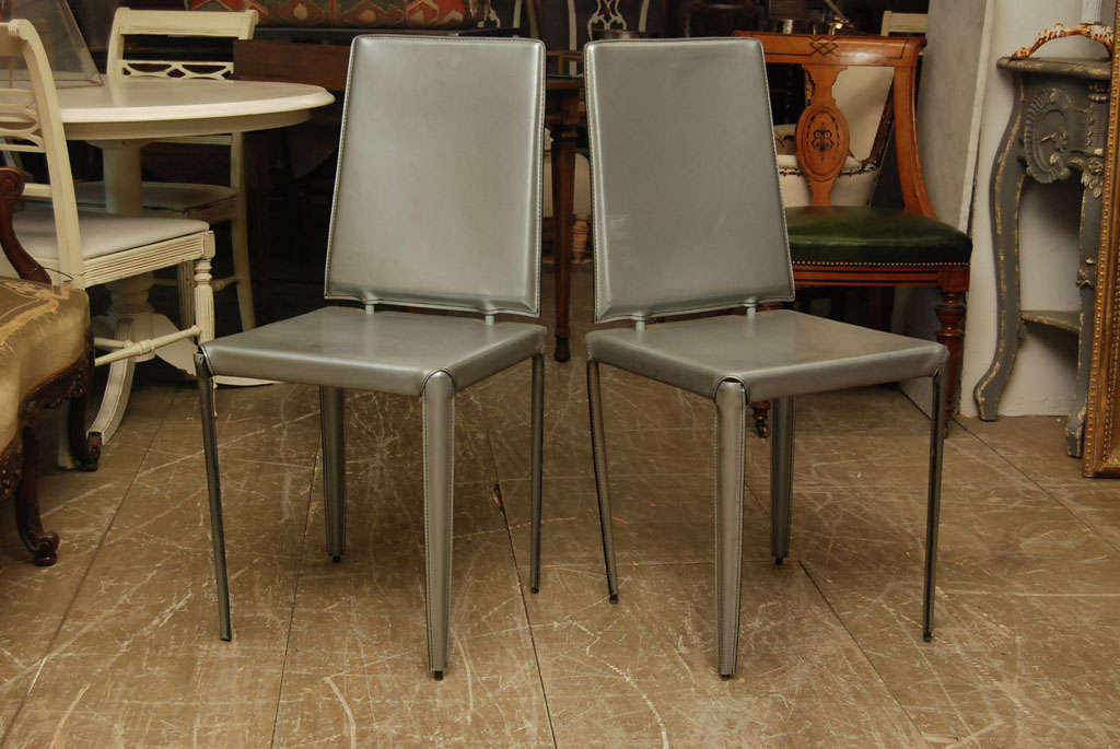4 Silver Leather Italian Side Chairs