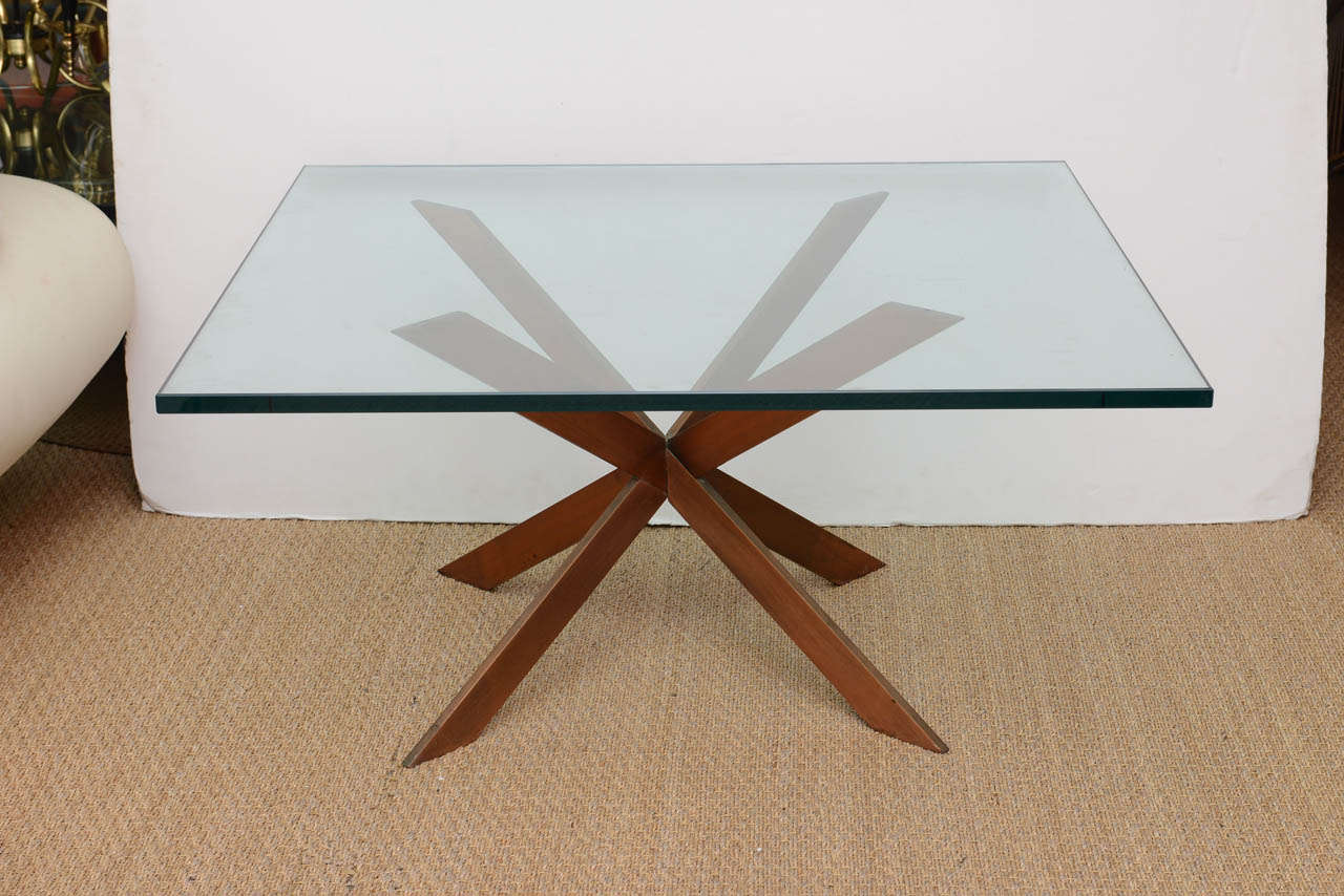 Leon Rosen attributed Double Cross Copper Glass Coffee Table by Pace.