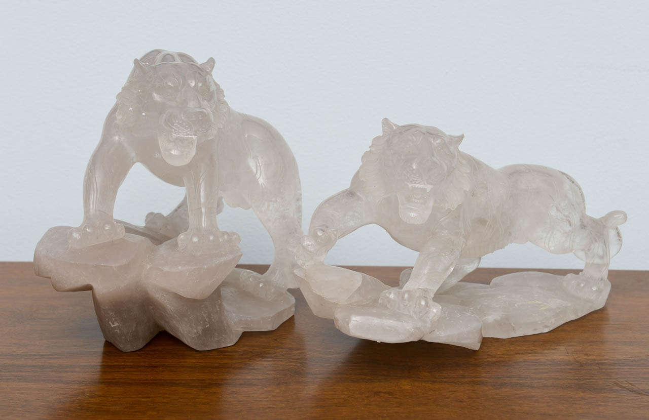 Companion Pair of Rock Crystal Tiger Sculptures, France