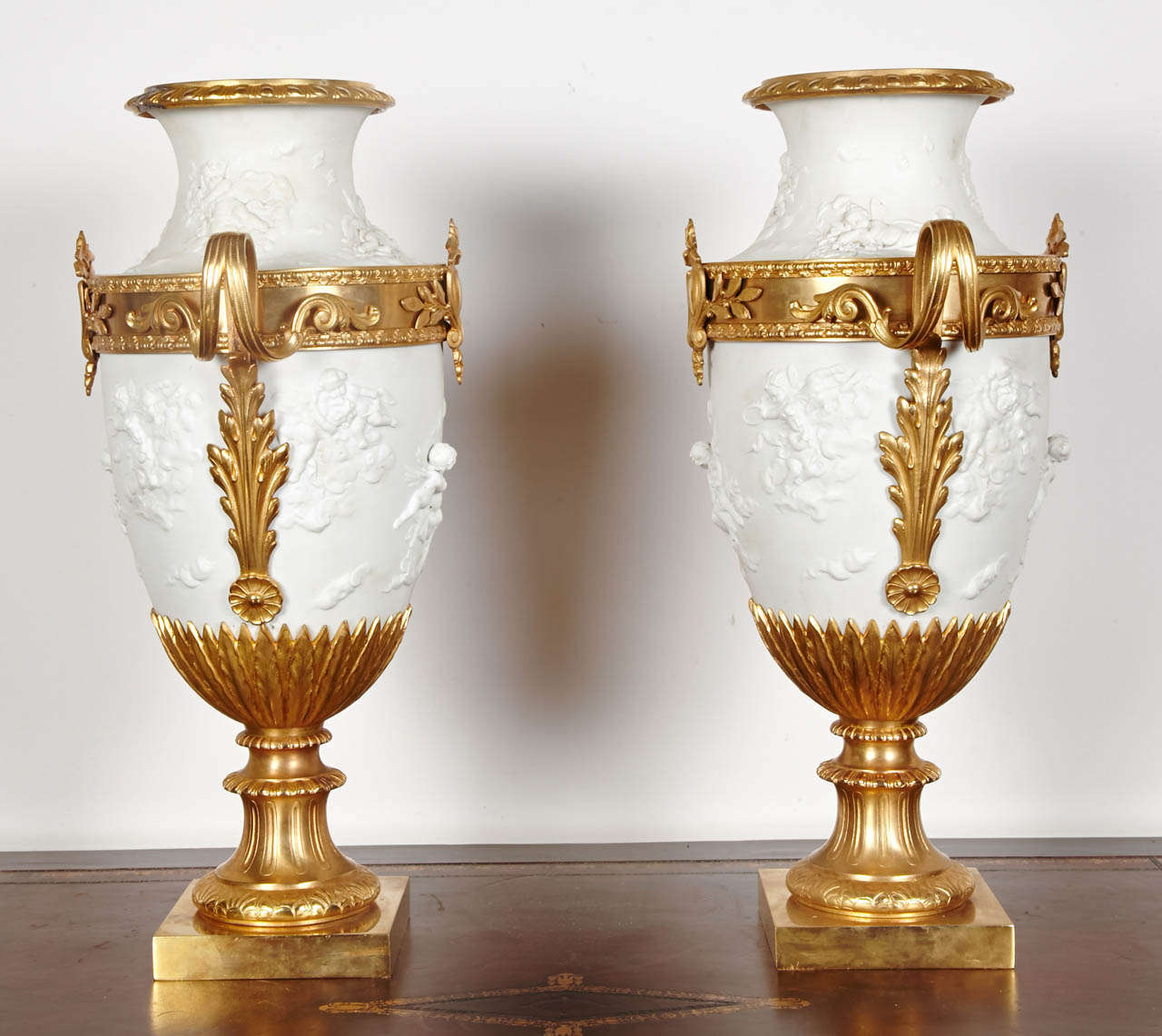 Ormolu Pair of Louis XVI Style Biscuit and Bronze Vases For Sale
