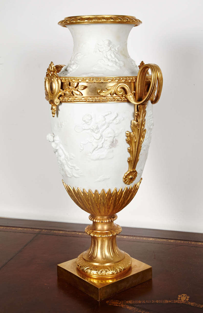 Pair of Louis XVI Style Biscuit and Bronze Vases For Sale 3