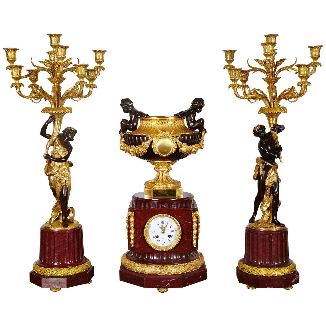 Gorgeous mantel clock with candelabras signed Delafontaine. For Sale