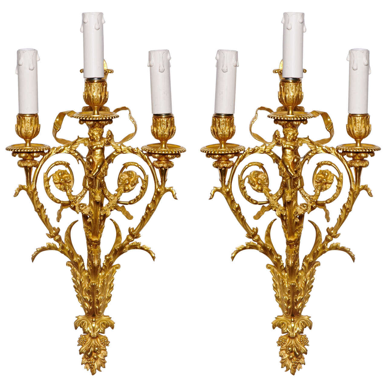 Gorgeous pair of gilded bronze sconces, . For Sale