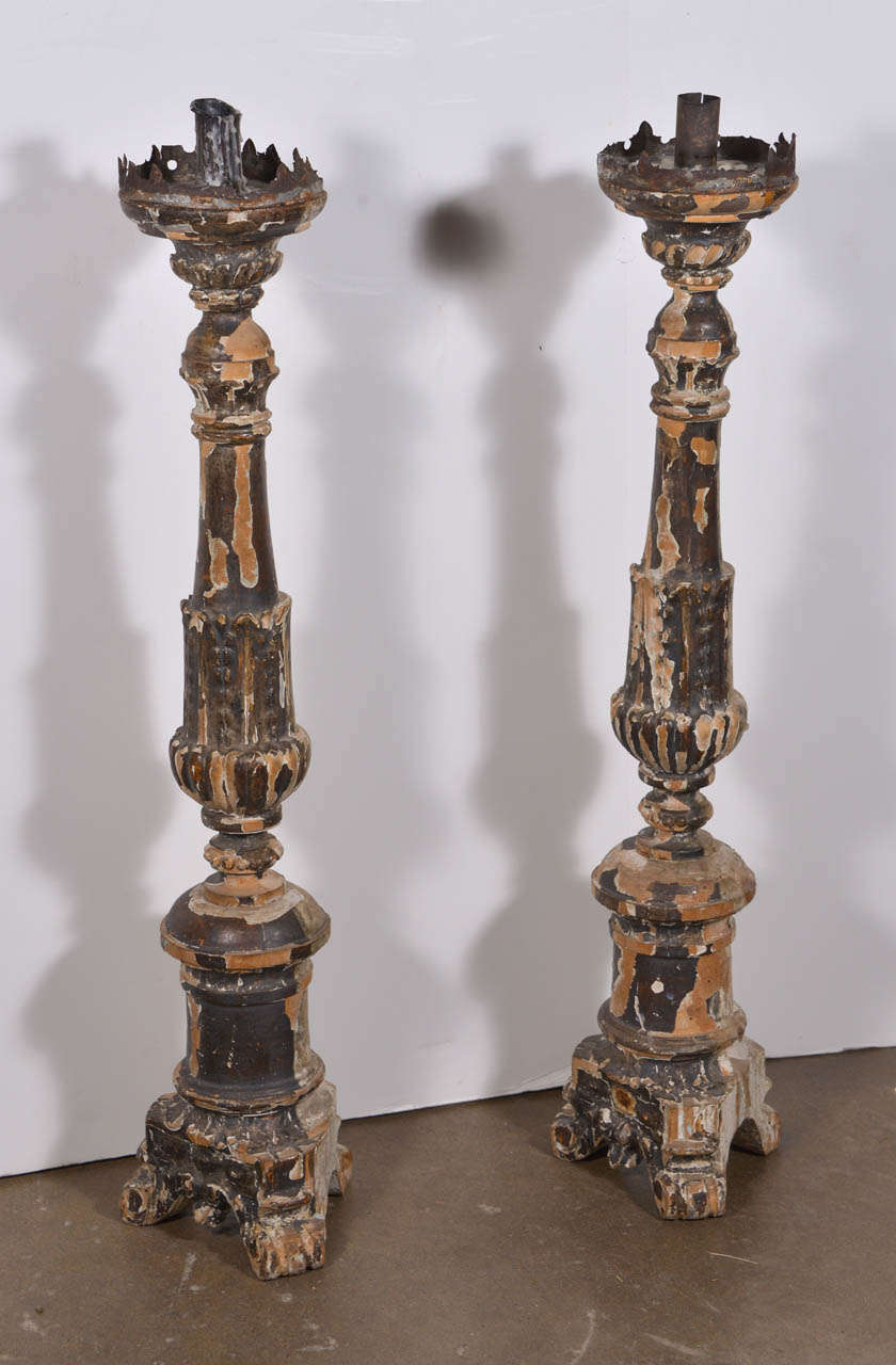 18th & 19th C Carved Wooden Altar Sticks 5