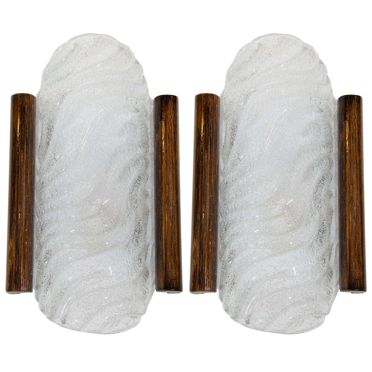 Pair of Mid-Century Murano Glass Sconces with Wood Trim by Kalmar