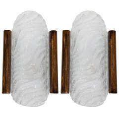 Pair of Mid-Century Murano Glass Sconces with Wood Trim by Kalmar