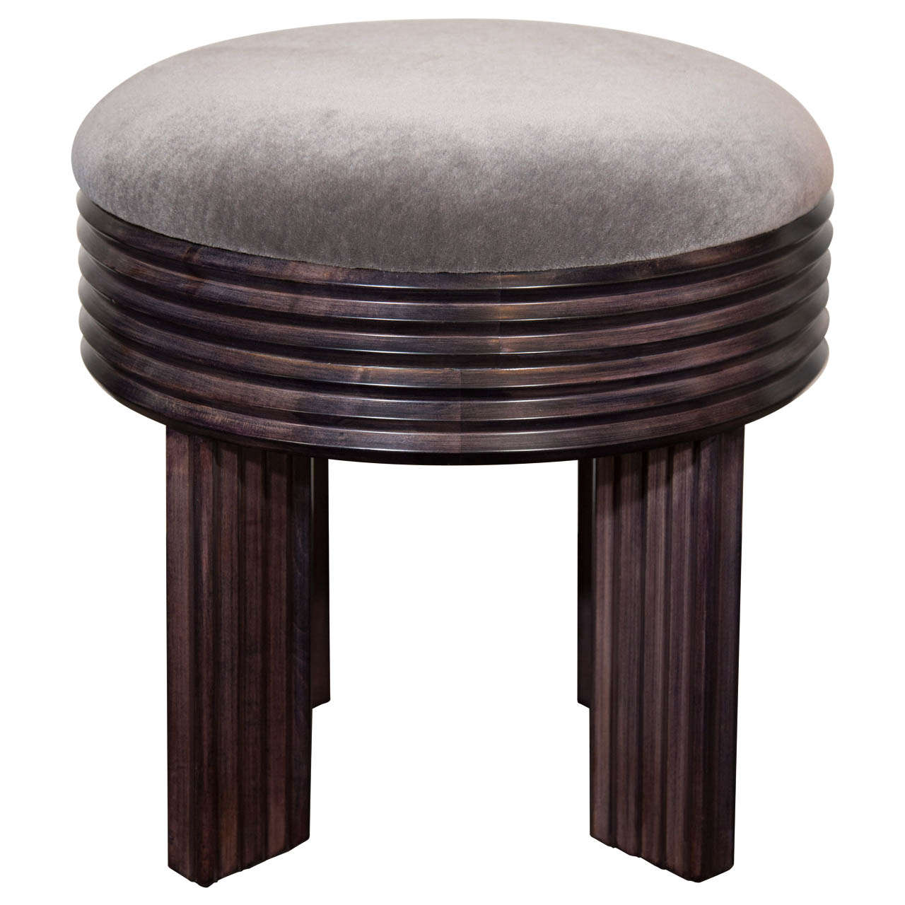 Art Deco Luxe Mohair and Fluted Wood Vanity Stool in the Style of Ruhlmann