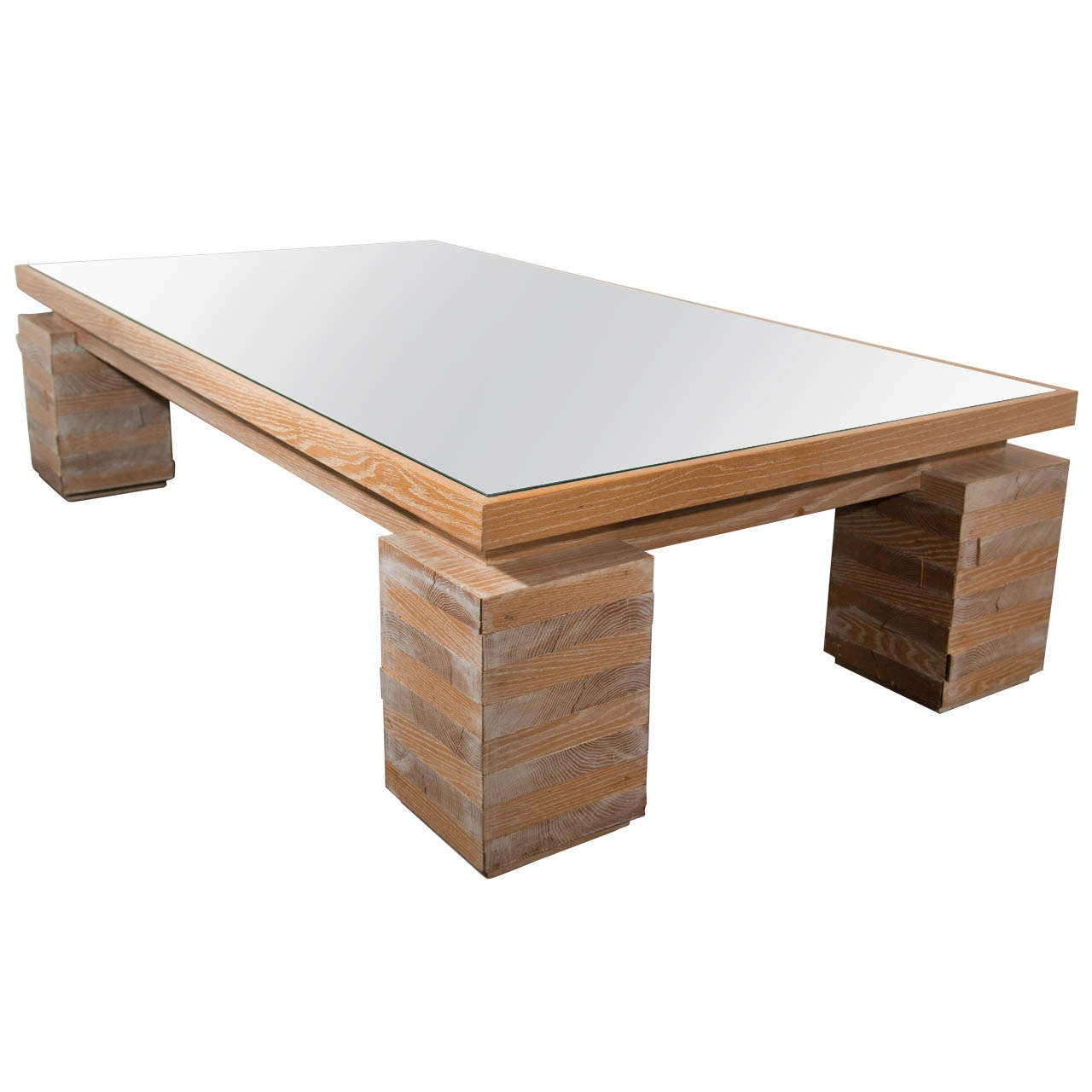 Limed Oak and Parchment Top Coffee Table in the Style of Paul Dupré-Lafon