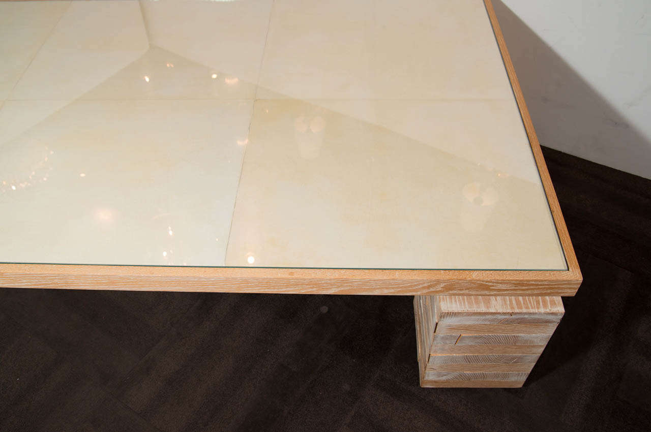 French Limed Oak and Parchment Top Coffee Table in the Style of Paul Dupré-Lafon