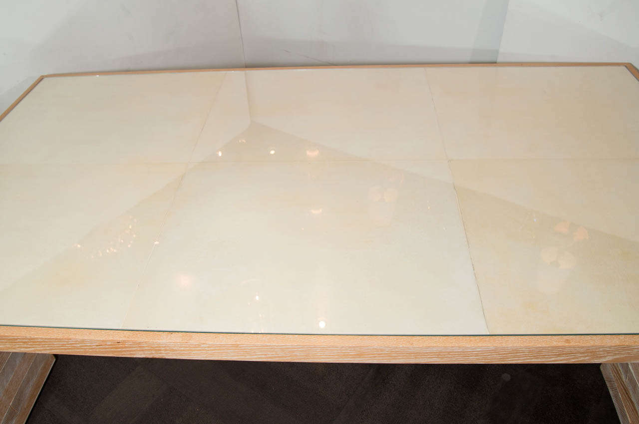 Hand-Carved Limed Oak and Parchment Top Coffee Table in the Style of Paul Dupré-Lafon