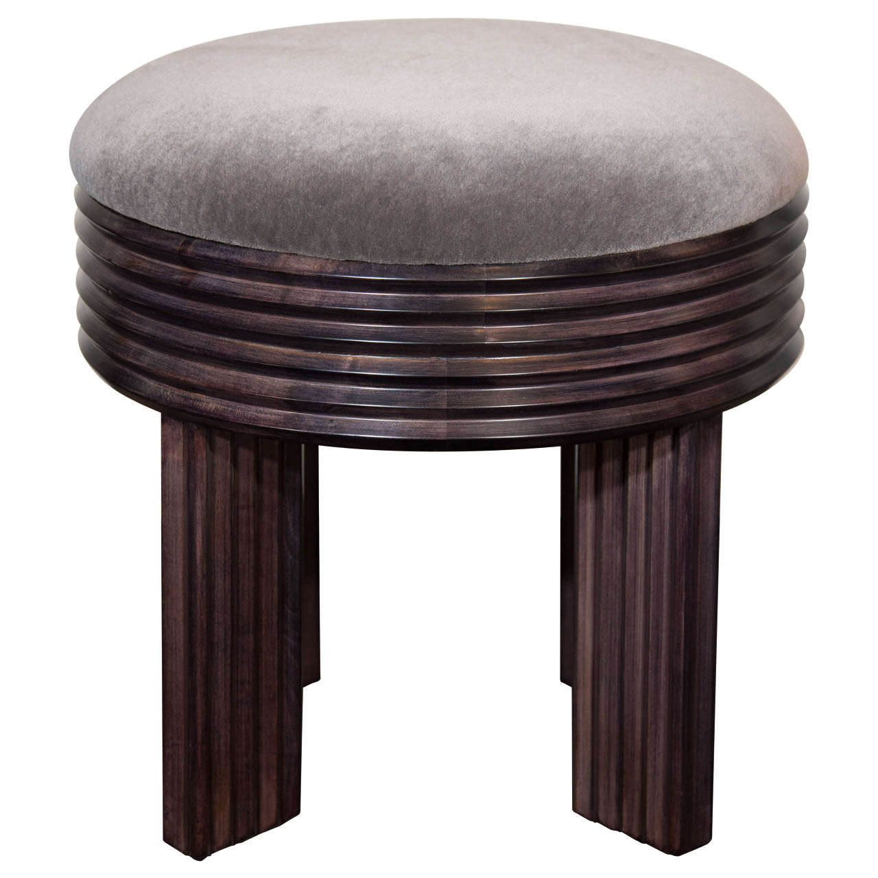Art Deco Luxe Mohair and Fluted Wood Vanity Stool in the Style of