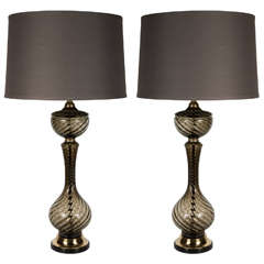 Ultra Chic Pair of Mid-Century Smoked/Bronzed  Hand Blown Glass lamps
