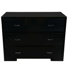 Streamline Art Deco Black Lacquered Chest with Machine Age Nickeled Ribbon Pulls