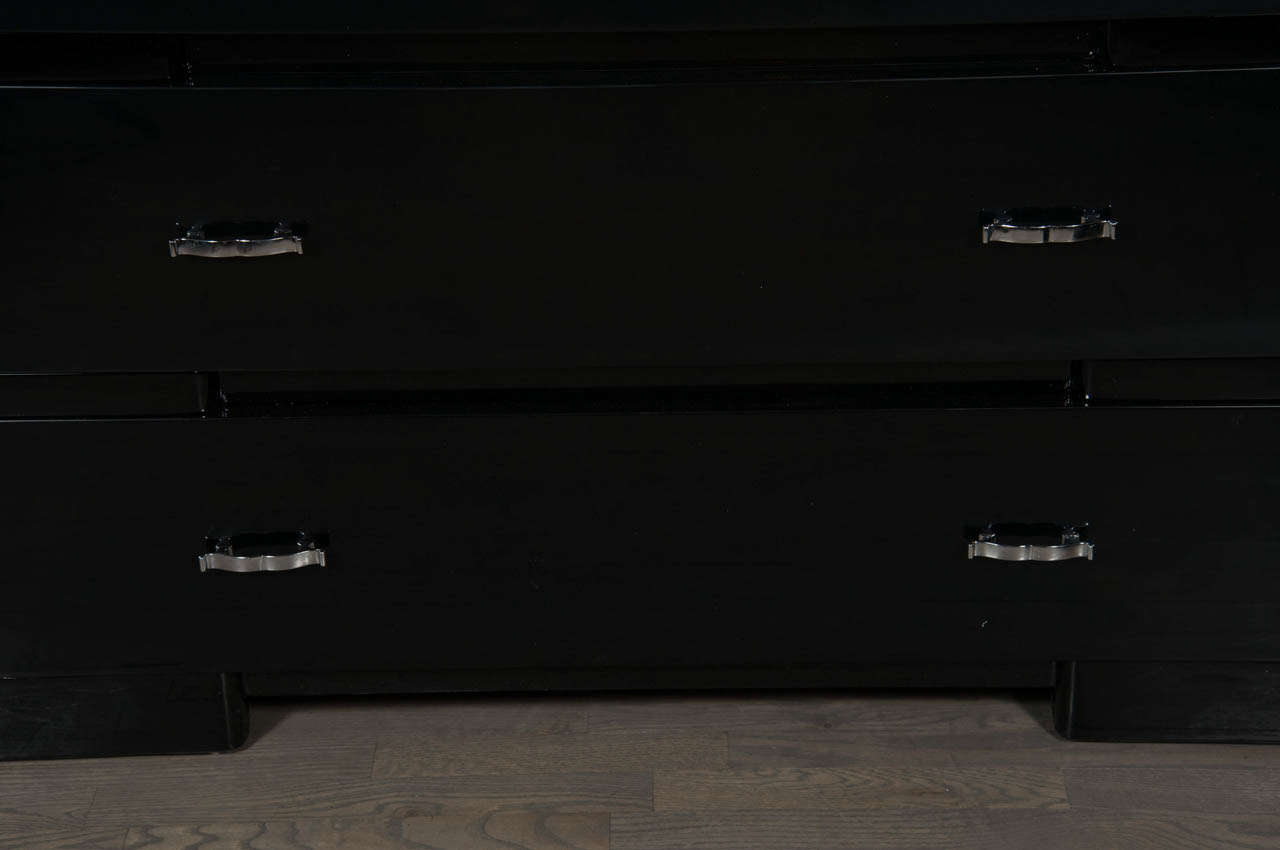 Mid-20th Century Streamline Art Deco Black Lacquered Chest with Machine Age Nickeled Ribbon Pulls