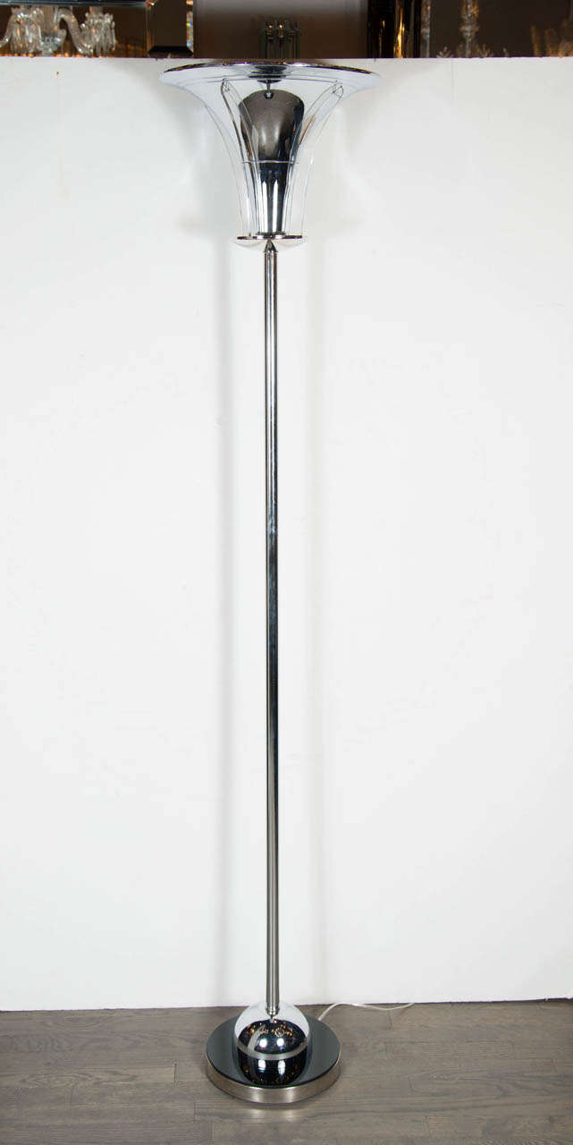 Machine Age Art Deco Chrome Torchiere with Vitrolite Detailing