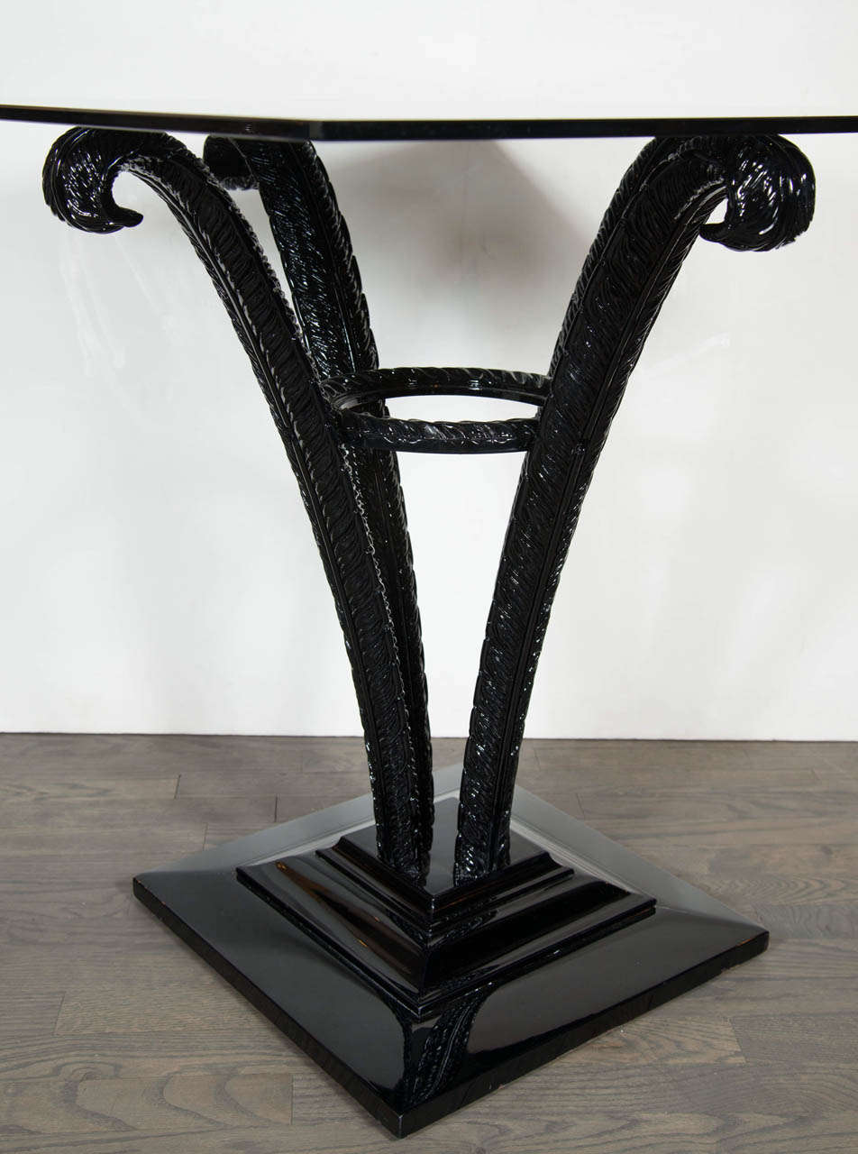 Cut Glass Elegant Art Deco Plume Form Table by Grosfeld House in Black Lacquer