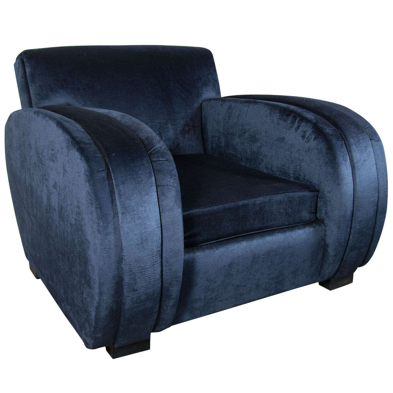 Art Deco Streamlined Club Chair in Sapphire Blue Velvet Upholstery