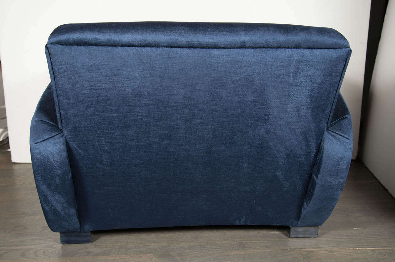 American Art Deco Streamlined Club Chair in Sapphire Blue Velvet Upholstery
