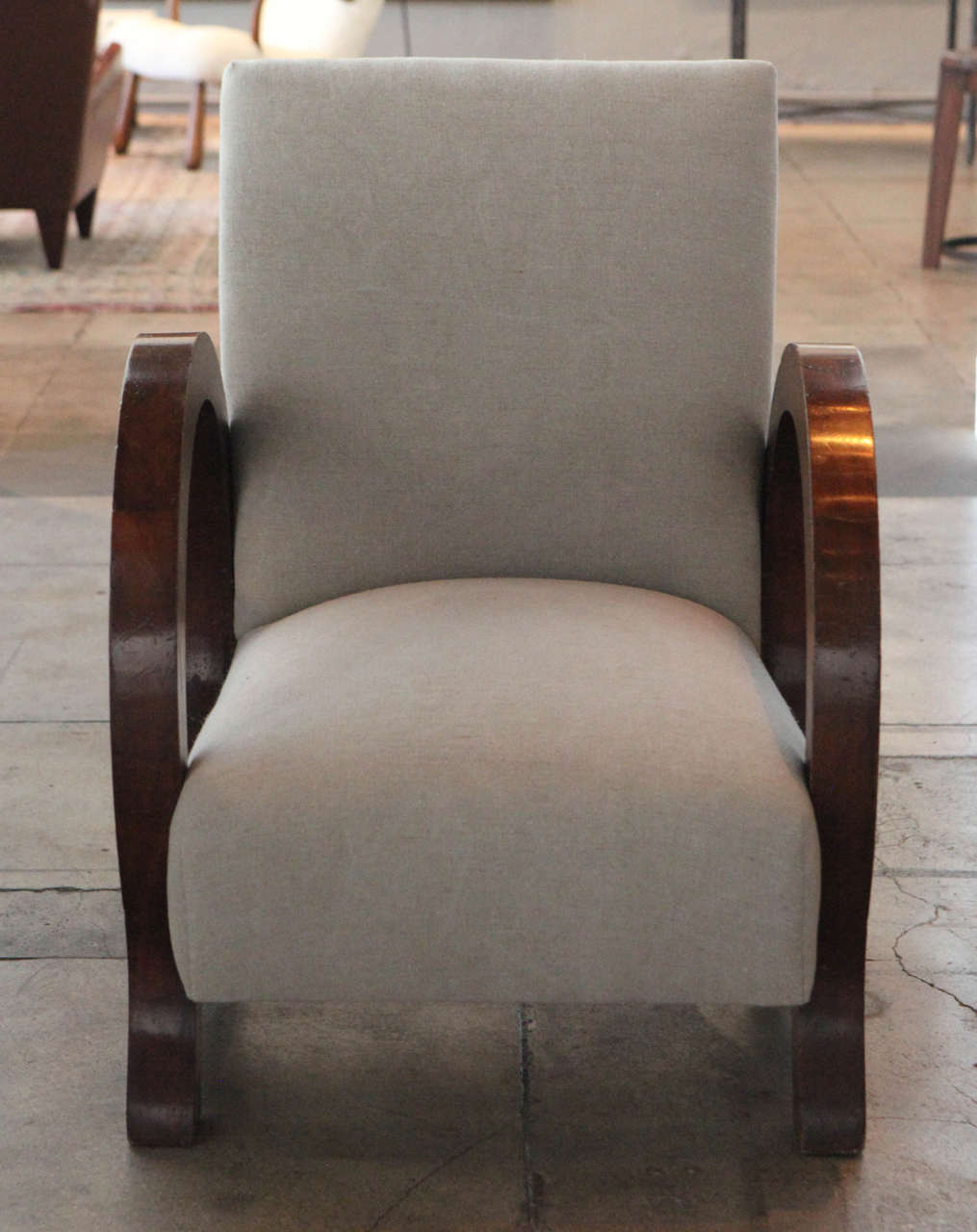 Reupholstered in Belgian linen, this Art Deco era chair is just the best.