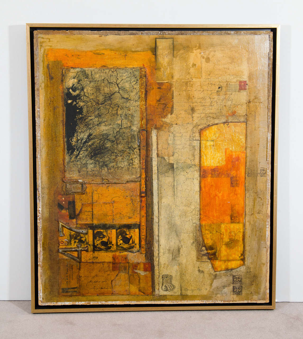 A Gilberto Magpantay mixed-media collage on wood. Mounted in a gold and black floating frame. Magpantay was born in the Philippines on May 4, 1951. He studied Fine Art at University of Santo Tomas in Manila. Signed and dated 1998.