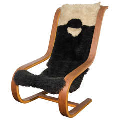  Scandinavian Modern Bentwood Sling Chair with Original Sheepskin Upholste