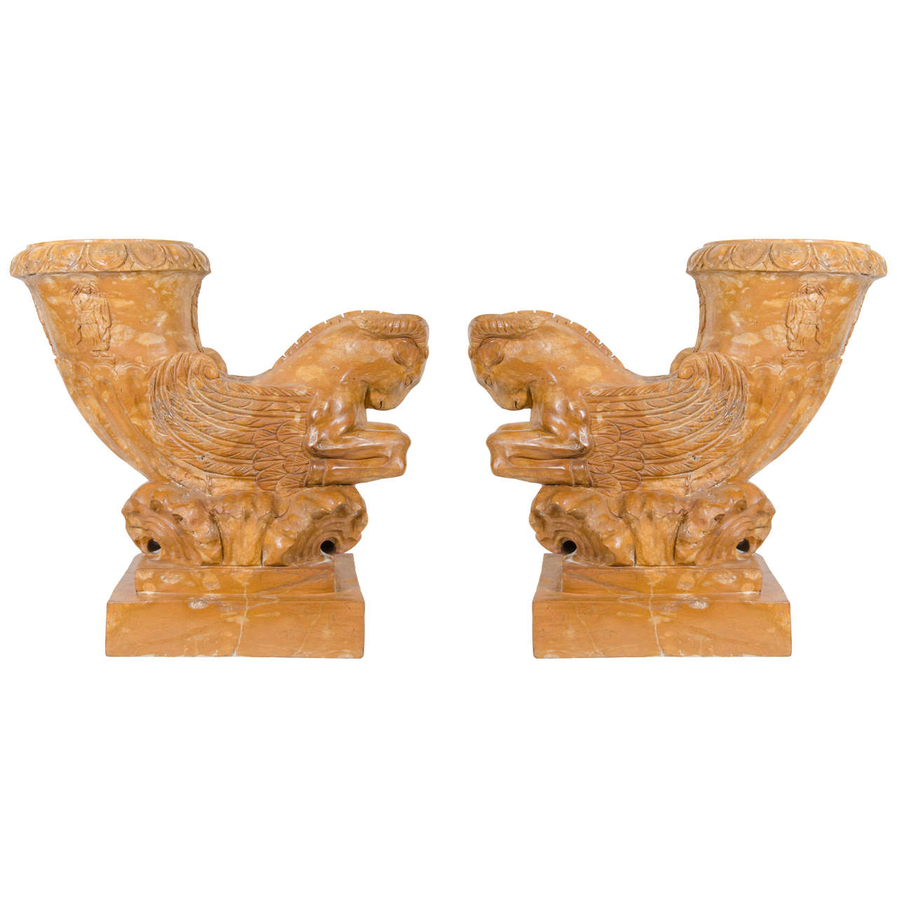 20th Century Pair of Neoclassical Style Mythological Marble Urns