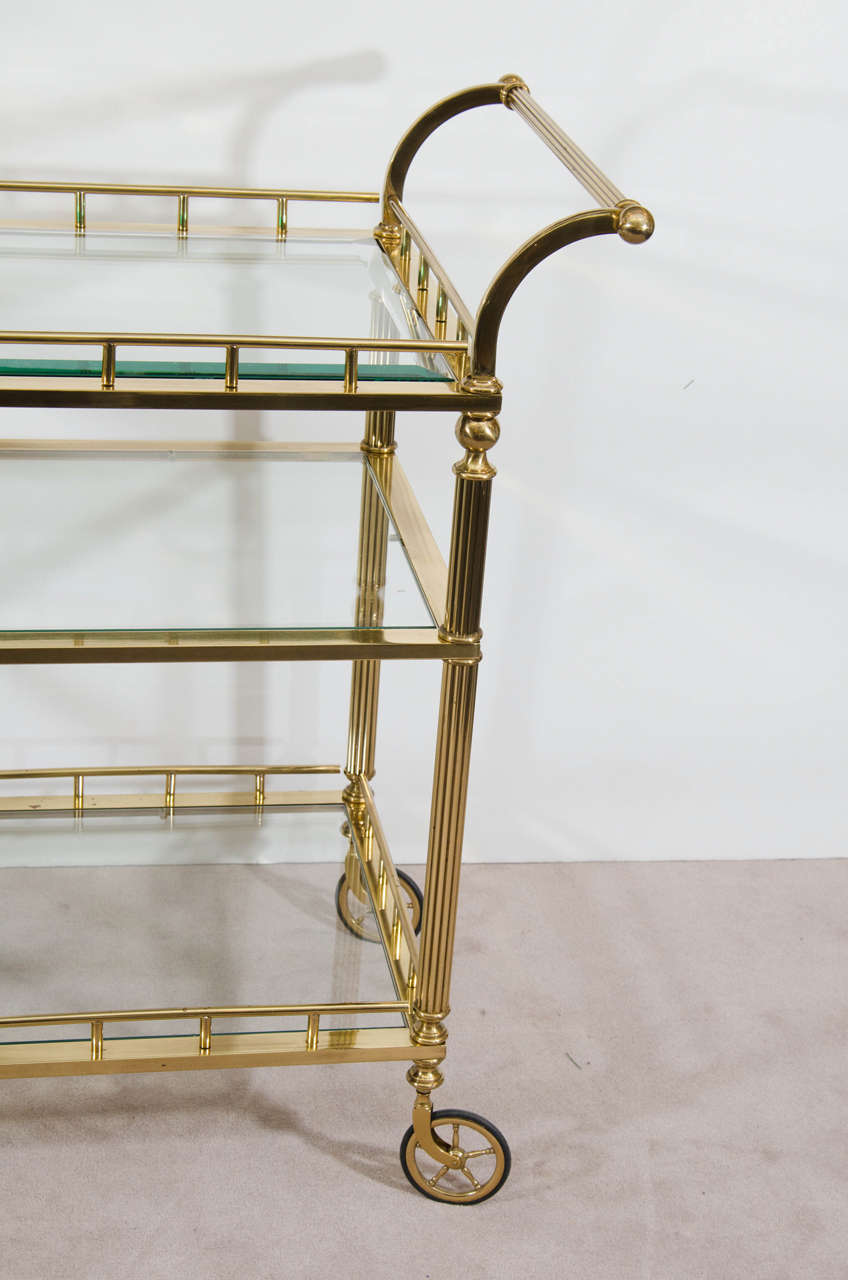 Mid-Century Modern Midcentury Double Handle Three-Tier Brass Bar Cart